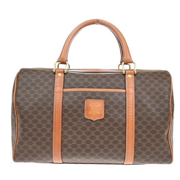 CELINE Macadam Pattern Boston Travel Bag PVC Leather Brown 268-082525 - Picture 1 of 15